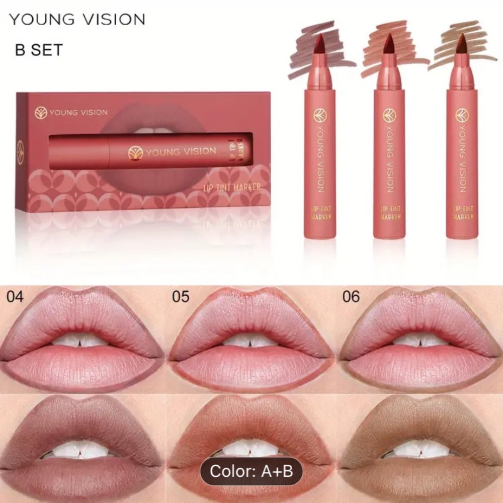 SOLD Lip Tint 3pcs Set, Lip Stain, Liner & Stick 2-in-1 Lipstick SetB